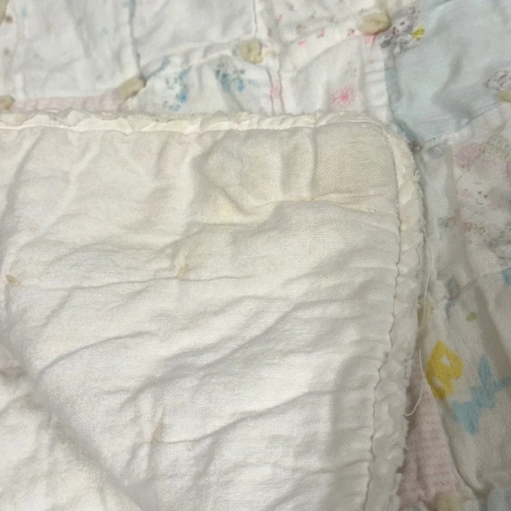 Handmade Vintage Baby Quilt Patchwork Pastel Hand Tied Nursery Blanket 35x32